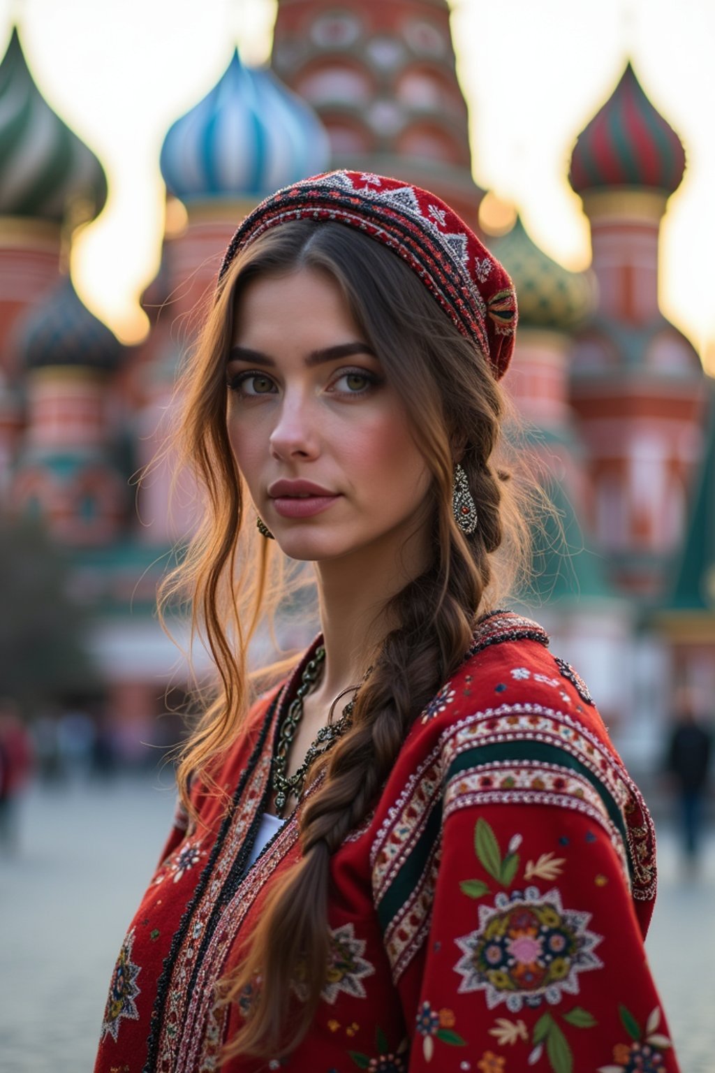 lovely and cultural  woman in Moscow wearing a traditional sarafan/kosovorotka, Saint Basil's Cathedral in the background