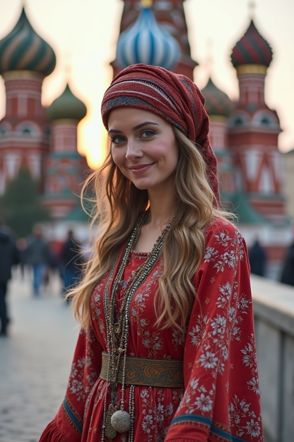 lovely and cultural  woman in Moscow wearing a traditional sarafan/kosovorotka, Saint Basil's Cathedral in the background