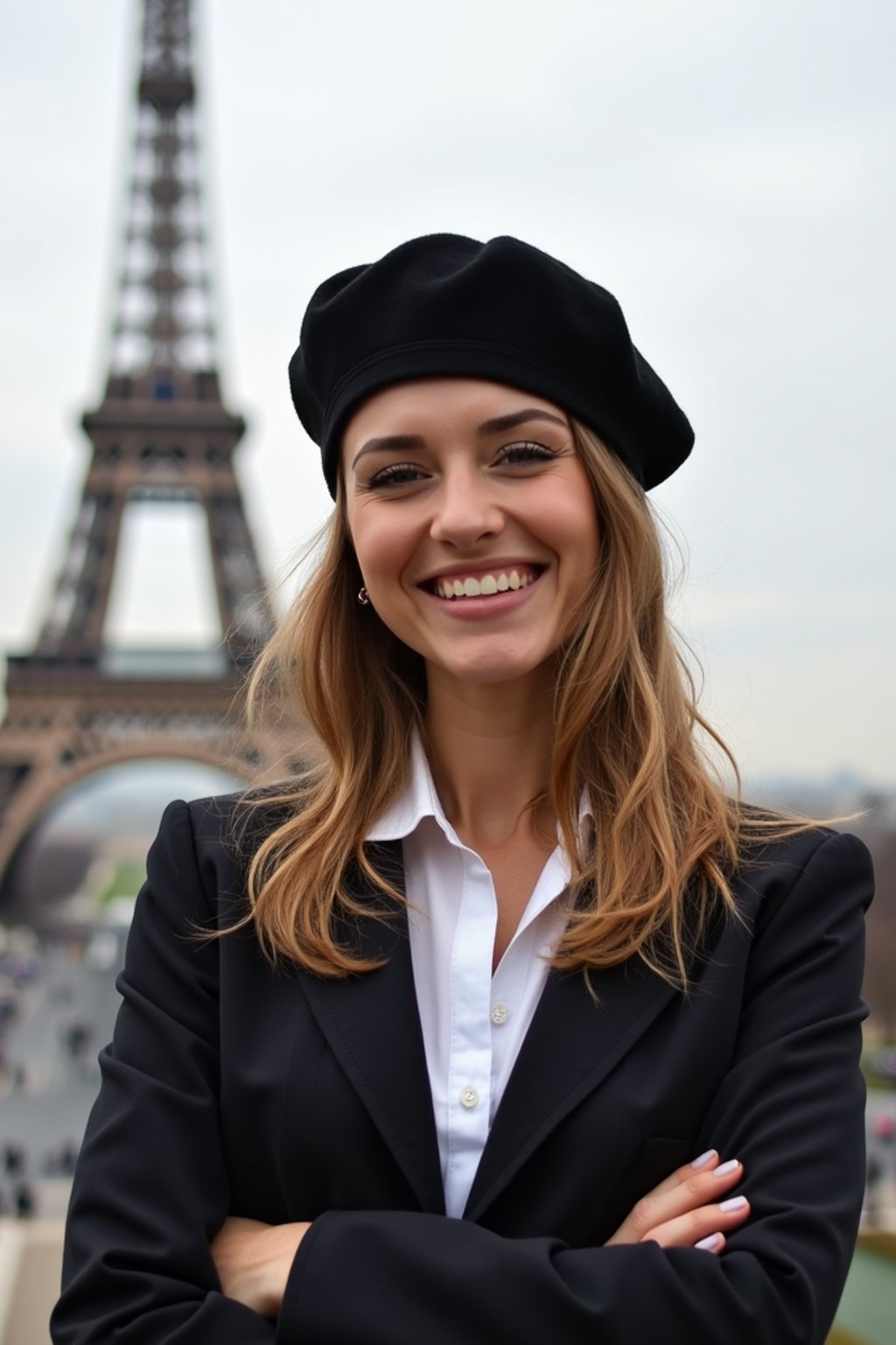 stylish and sophisticated  woman in Paris wearing a traditional Breton shirt and beret, Eiffel Tower in the background