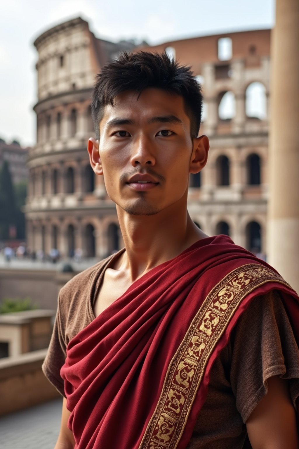 grand and historical man in Rome wearing a traditional Roman stola/toga, Colosseum in the background