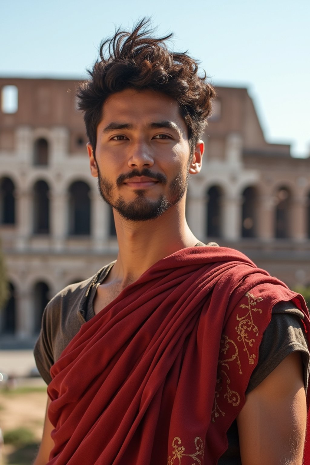 grand and historical man in Rome wearing a traditional Roman stola/toga, Colosseum in the background