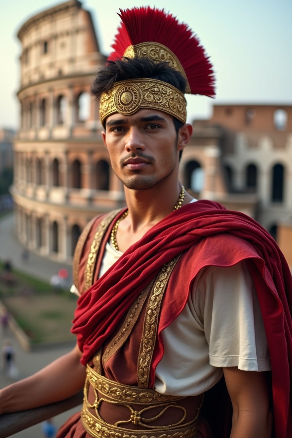 grand and historical man in Rome wearing a traditional Roman stola/toga, Colosseum in the background