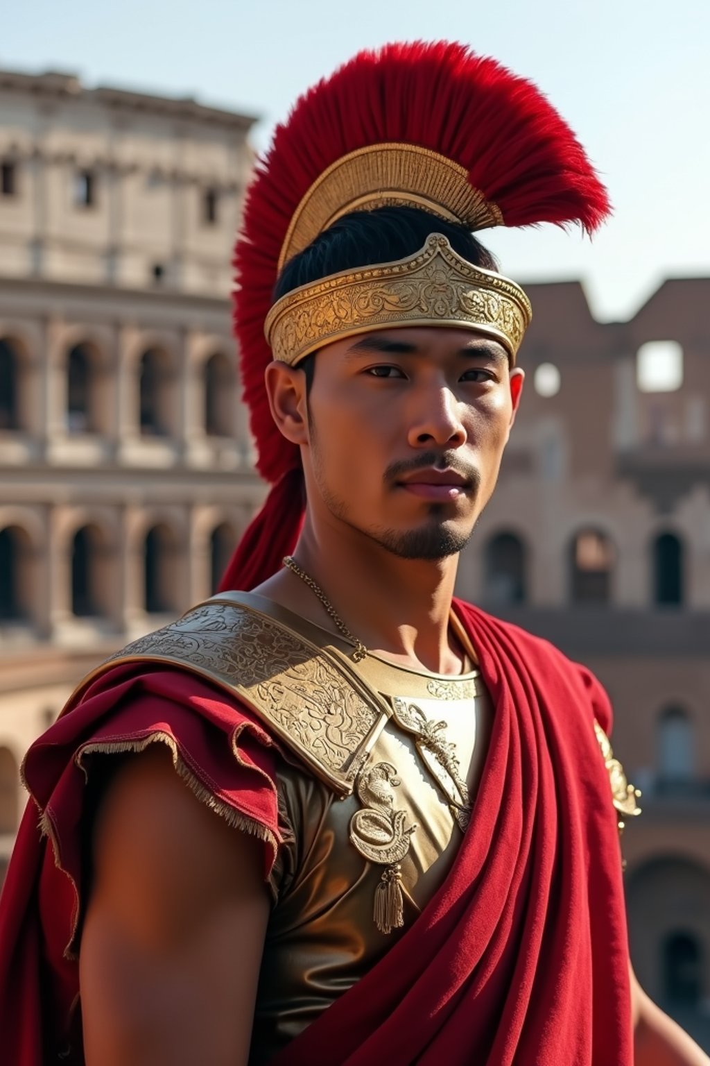 grand and historical man in Rome wearing a traditional Roman stola/toga, Colosseum in the background