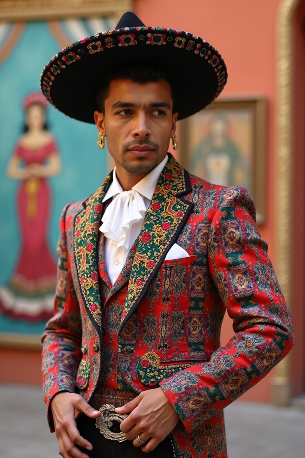 bold and cultural man in Mexico City wearing a traditional charro suit/china poblana, Frida Kahlo Museum in the background