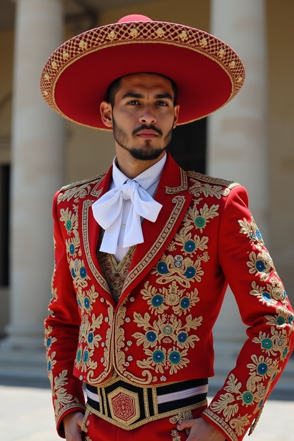 bold and cultural man in Mexico City wearing a traditional charro suit/china poblana, Frida Kahlo Museum in the background