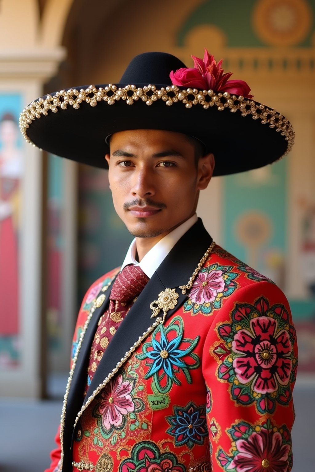 bold and cultural man in Mexico City wearing a traditional charro suit/china poblana, Frida Kahlo Museum in the background