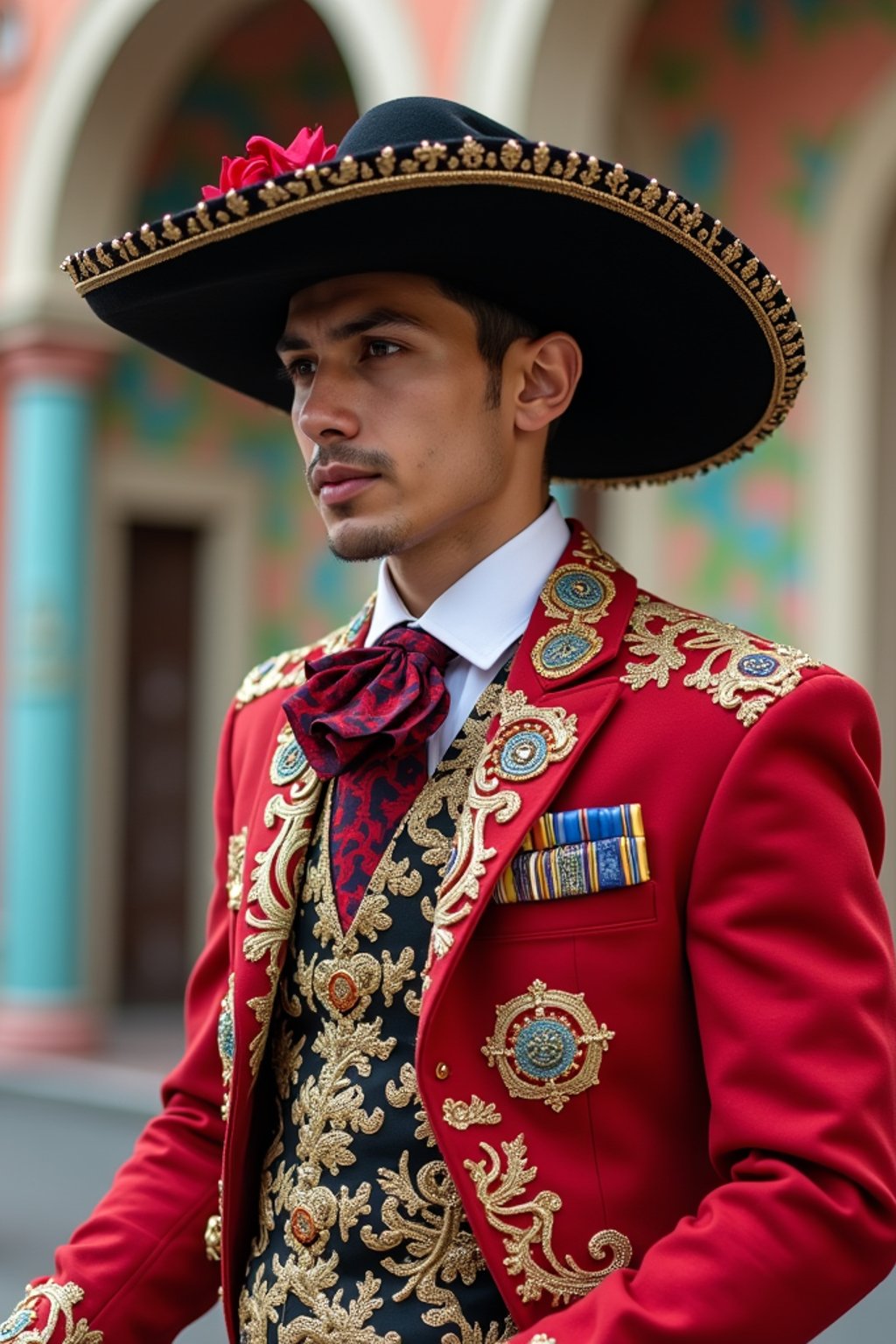 bold and cultural man in Mexico City wearing a traditional charro suit/china poblana, Frida Kahlo Museum in the background