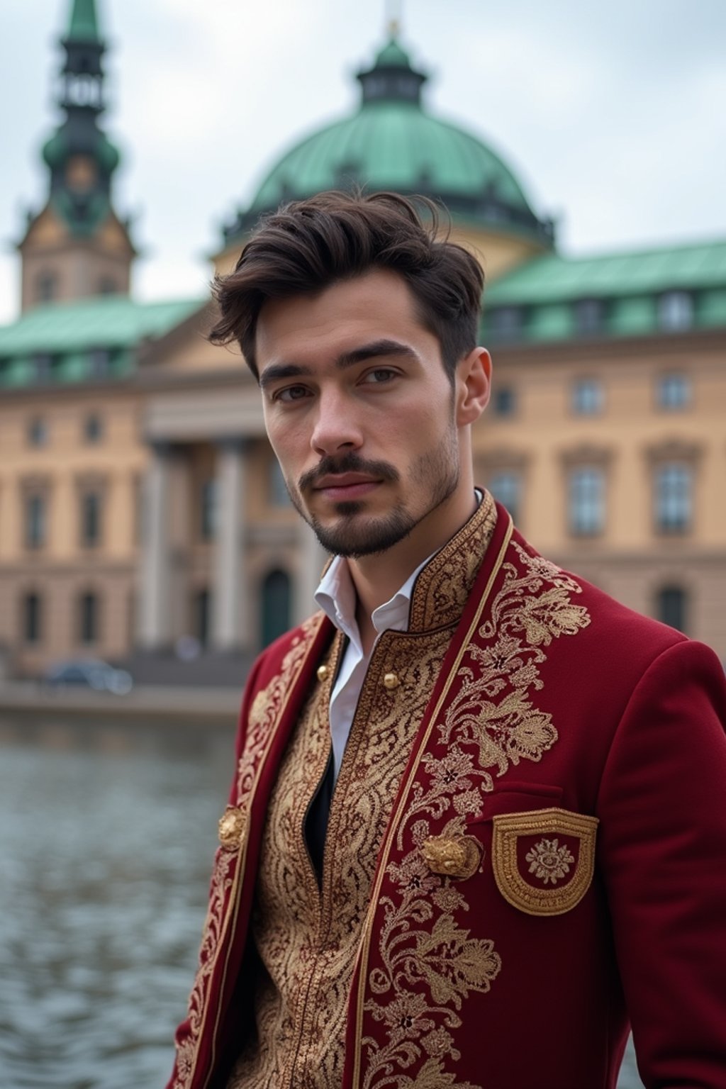 dignified and traditional man in Stockholm wearing a Swedish folkdräkt, Stockholm Palace in the background