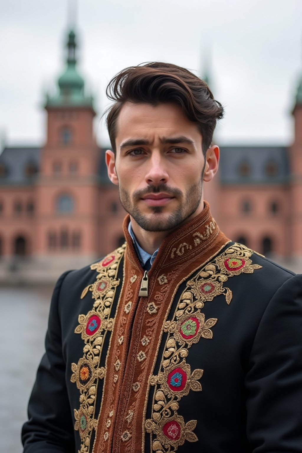 dignified and traditional man in Stockholm wearing a Swedish folkdräkt, Stockholm Palace in the background