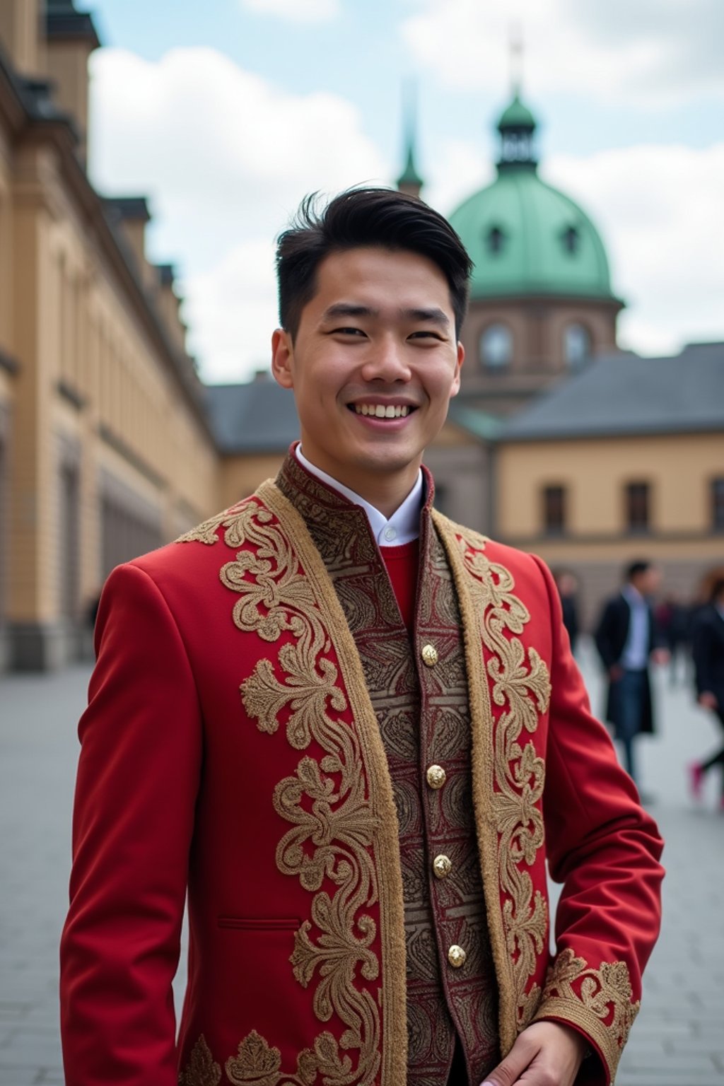 dignified and traditional man in Stockholm wearing a Swedish folkdräkt, Stockholm Palace in the background