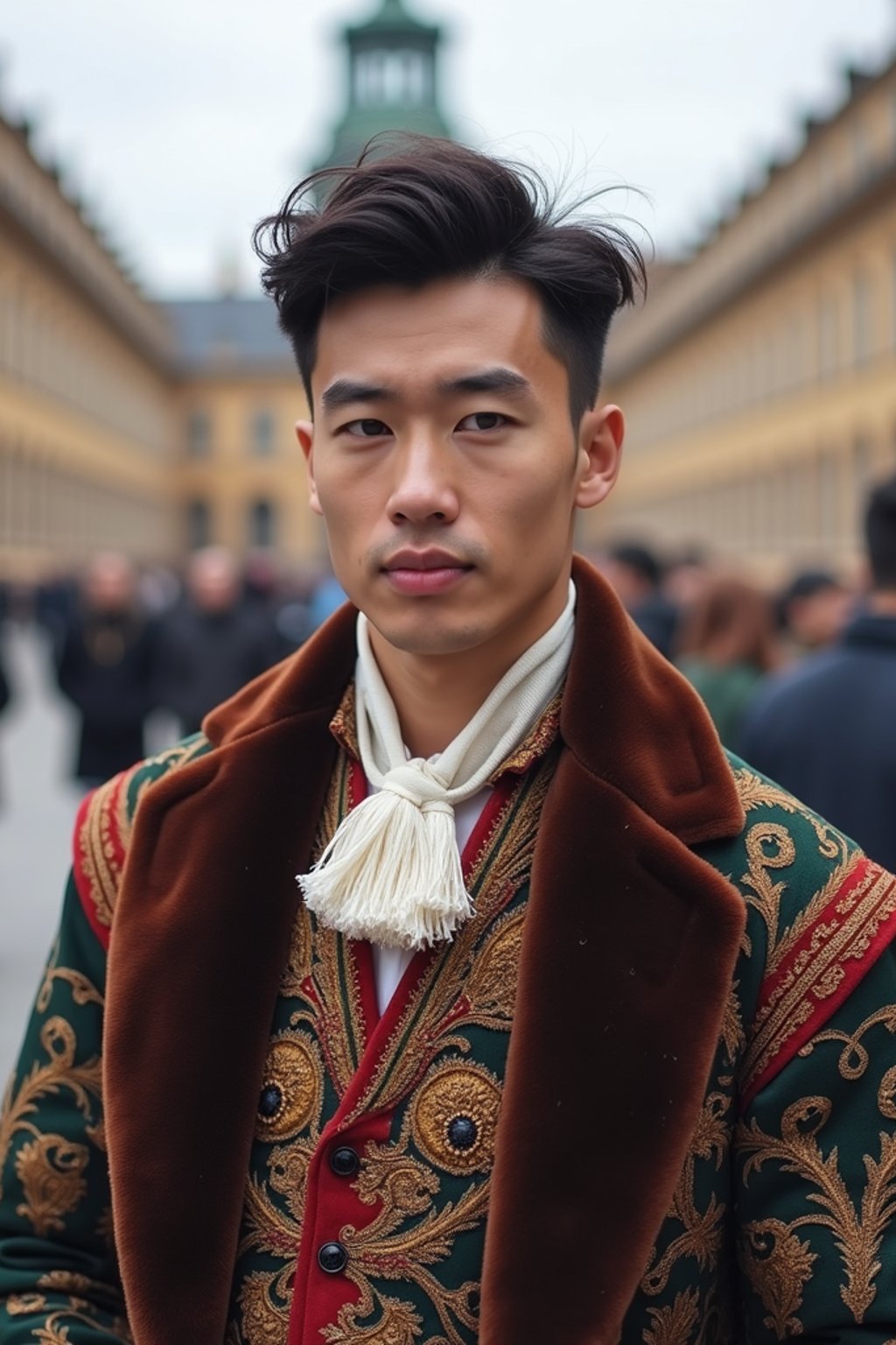 dignified and traditional man in Stockholm wearing a Swedish folkdräkt, Stockholm Palace in the background