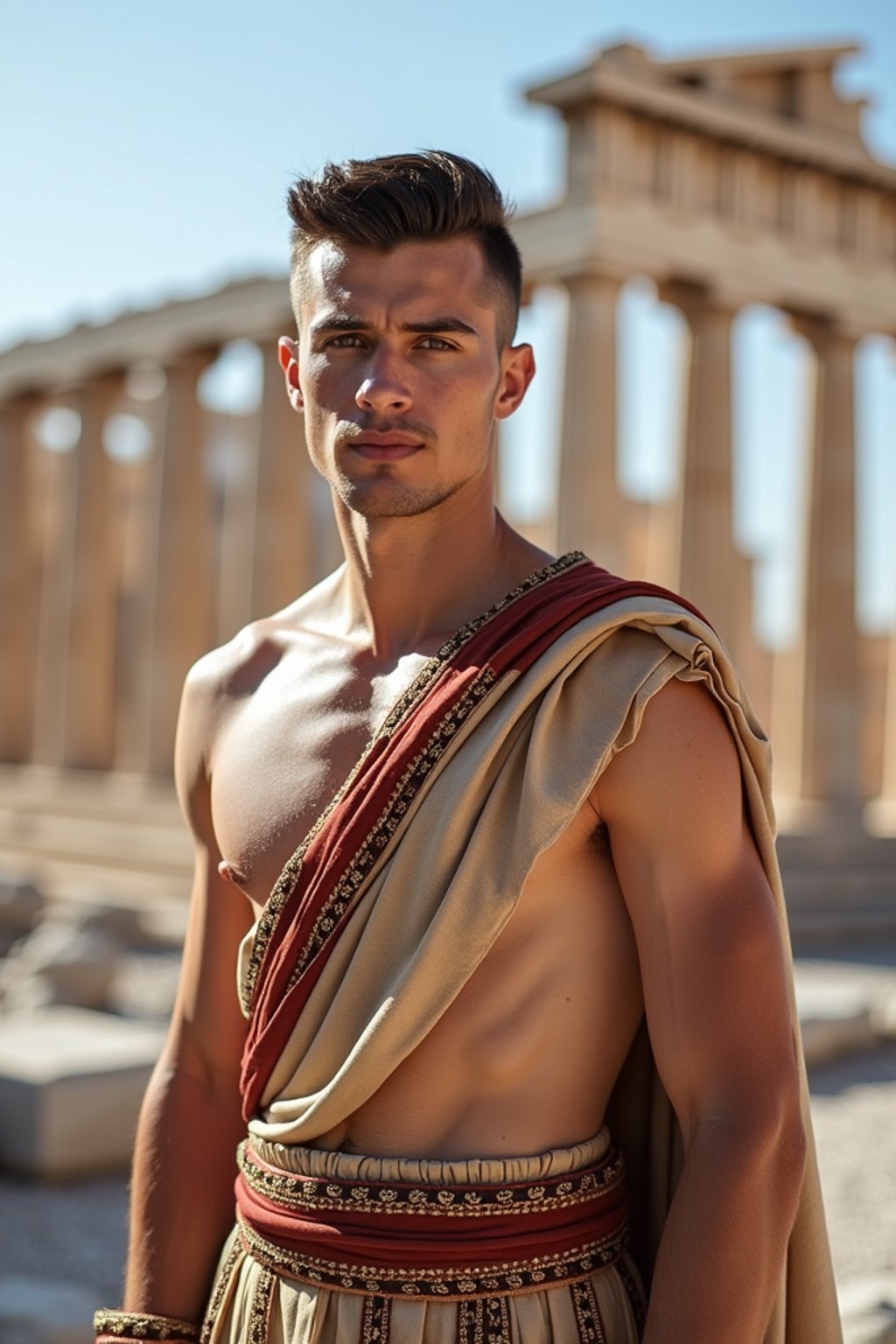 impressive and traditional man in Athens wearing a traditional Evzone uniform/Amalia dress, Parthenon in the background