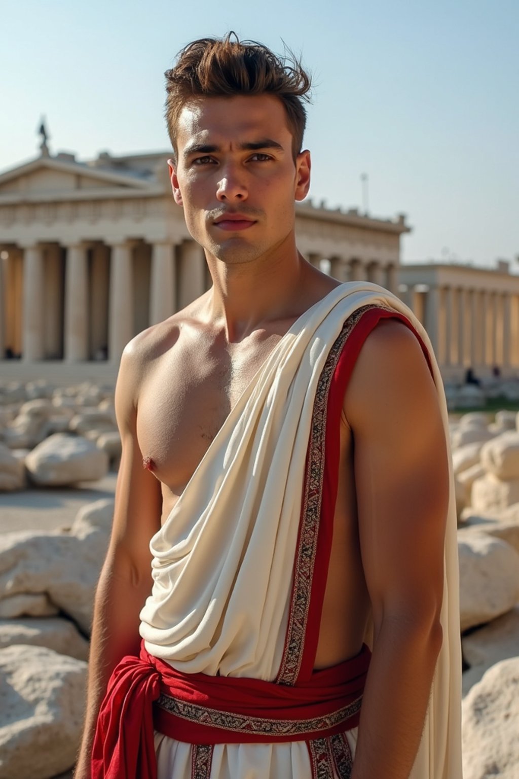 impressive and traditional man in Athens wearing a traditional Evzone uniform/Amalia dress, Parthenon in the background