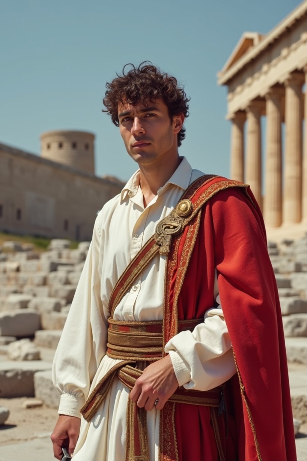 impressive and traditional man in Athens wearing a traditional Evzone uniform/Amalia dress, Parthenon in the background