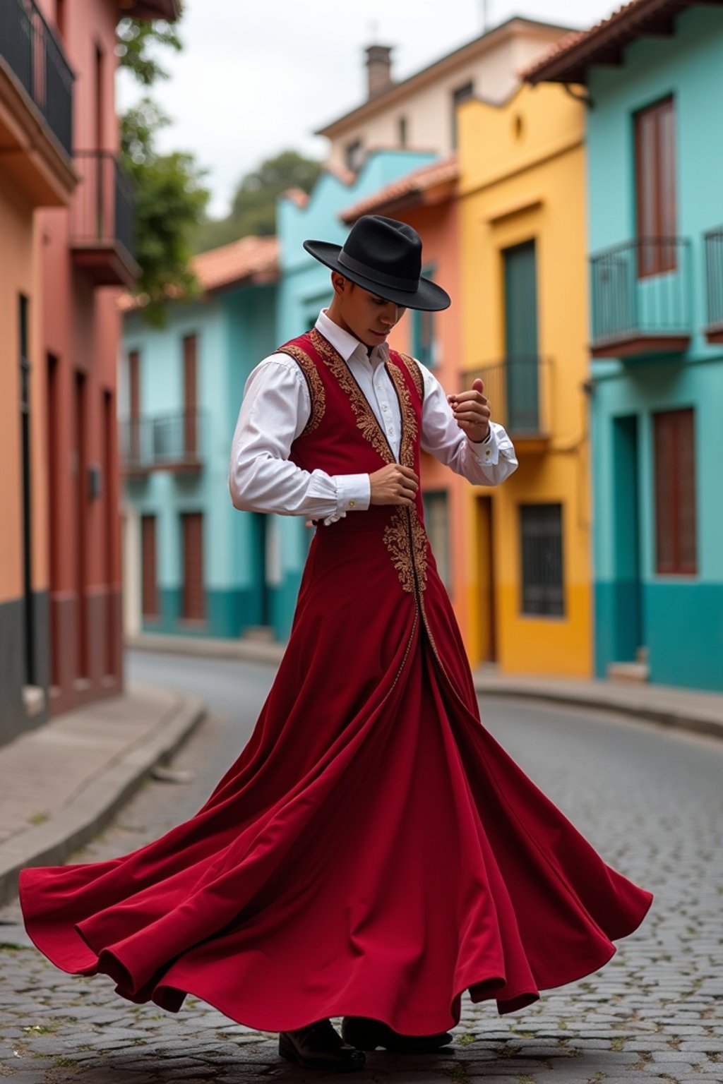 classy and traditional man in Buenos Aires wearing a tango dress/gaucho attire, colorful houses of La Boca neighborhood in the background