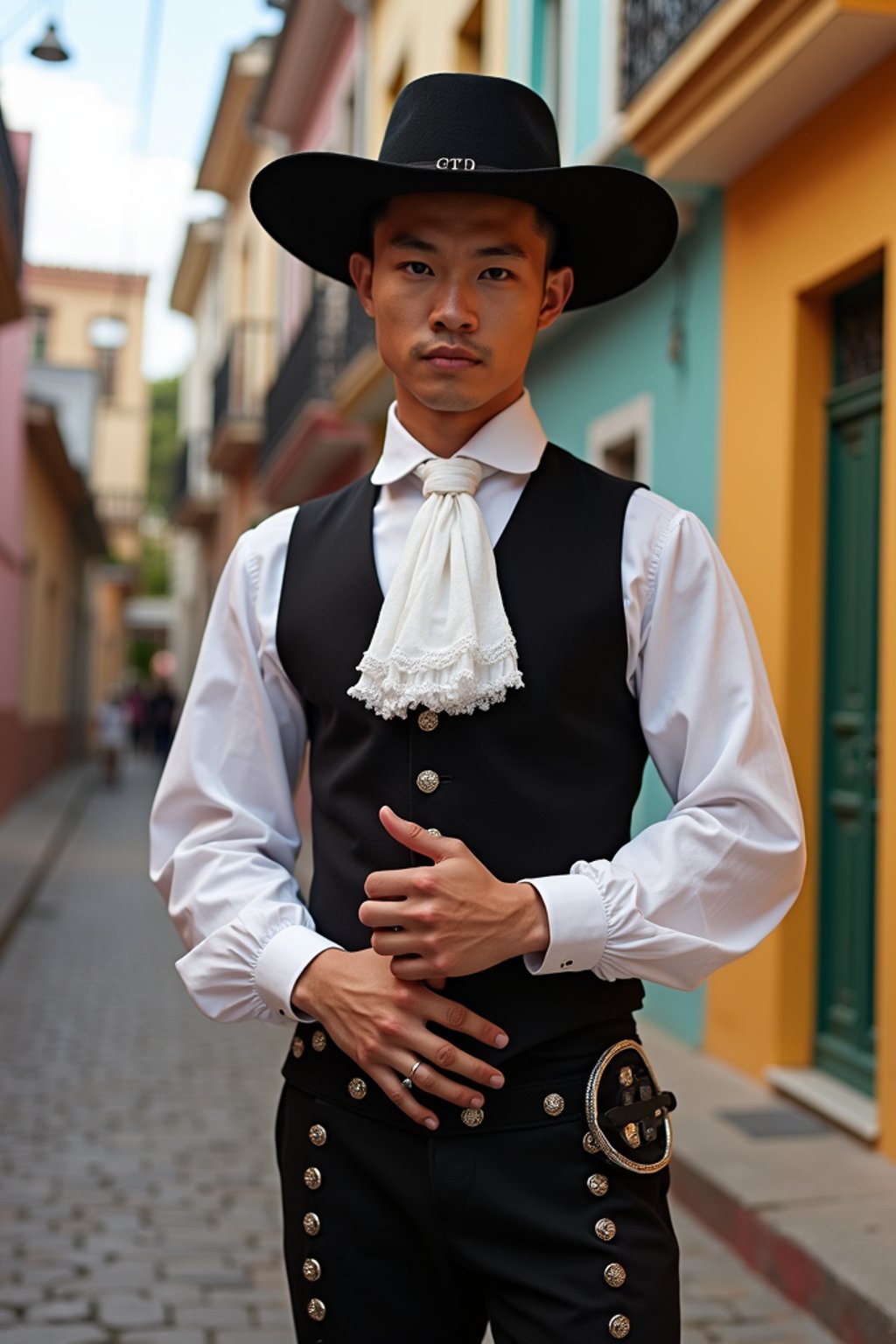 classy and traditional man in Buenos Aires wearing a tango dress/gaucho attire, colorful houses of La Boca neighborhood in the background