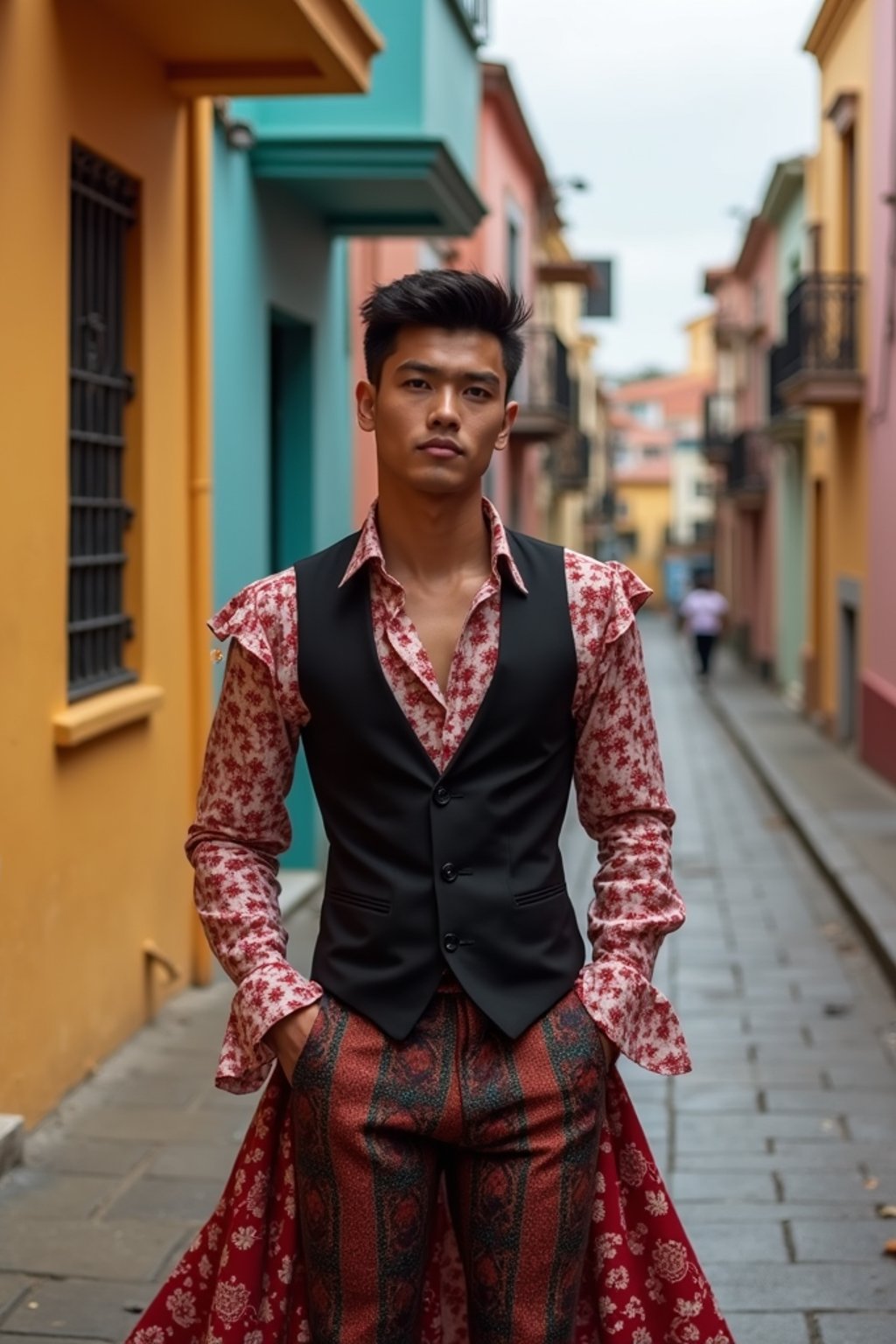 classy and traditional man in Buenos Aires wearing a tango dress/gaucho attire, colorful houses of La Boca neighborhood in the background