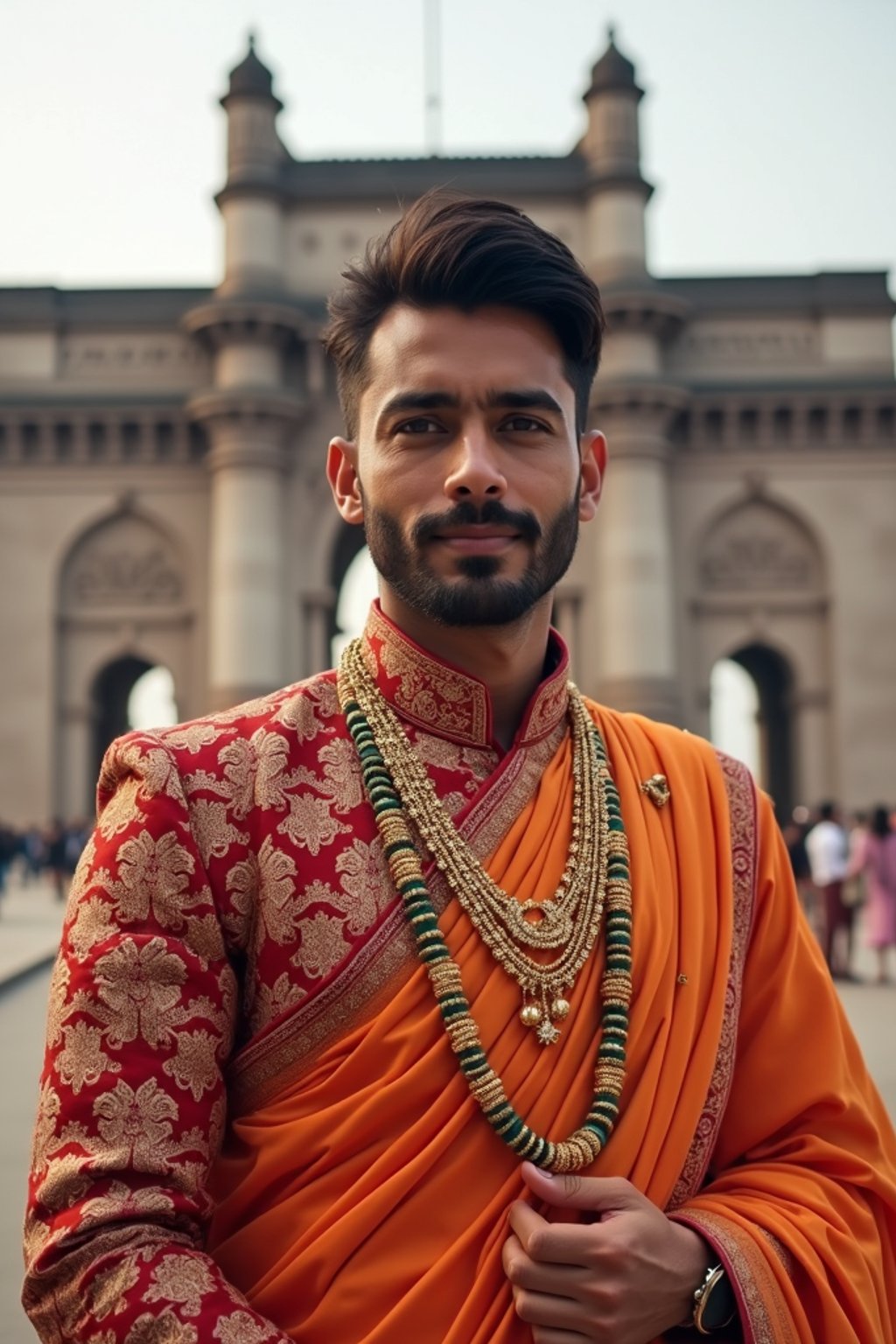 classic and traditional man in Mumbai wearing a vibrant Saree Sherwani, Gateway of India in the background