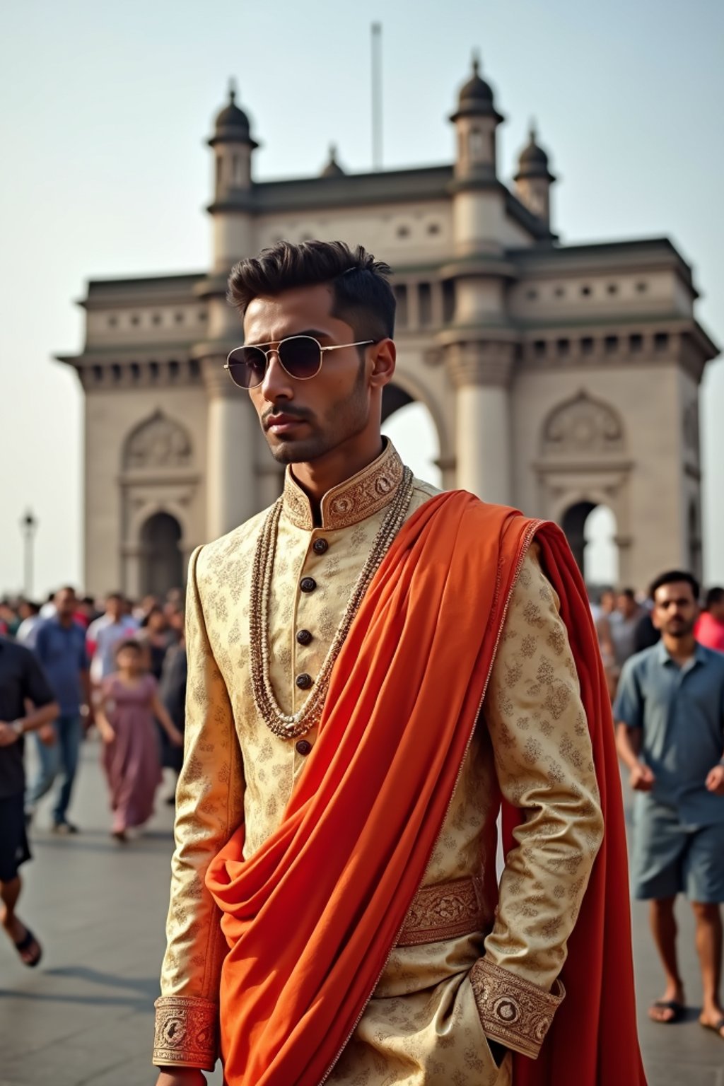 classic and traditional man in Mumbai wearing a vibrant Saree Sherwani, Gateway of India in the background