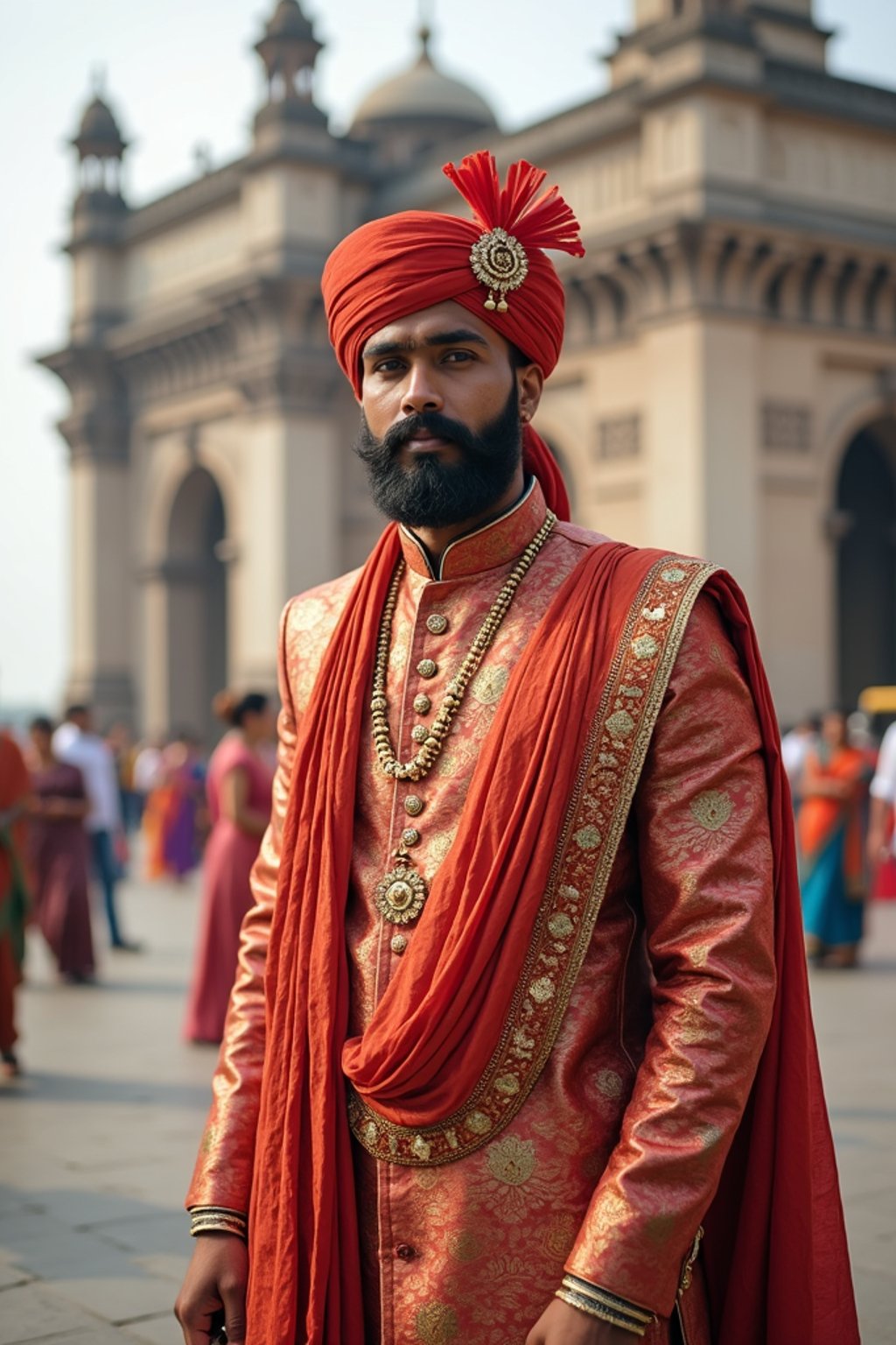 classic and traditional man in Mumbai wearing a vibrant Saree Sherwani, Gateway of India in the background