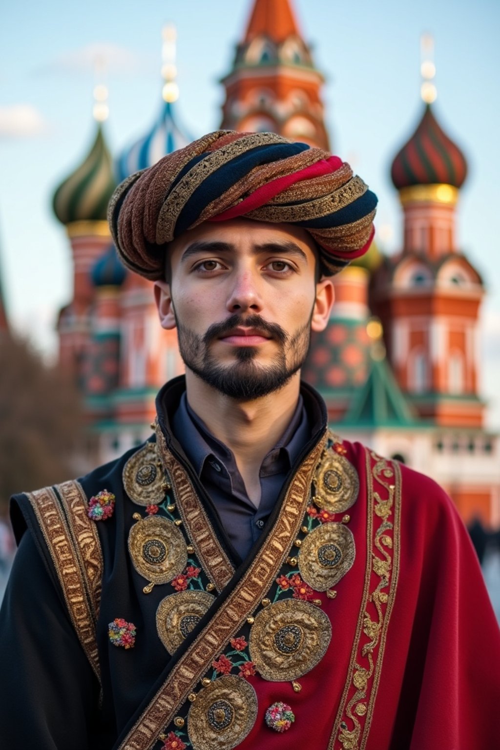 authentic and cultural man in Moscow wearing a traditional sarafan/kosovorotka, Saint Basil's Cathedral in the background