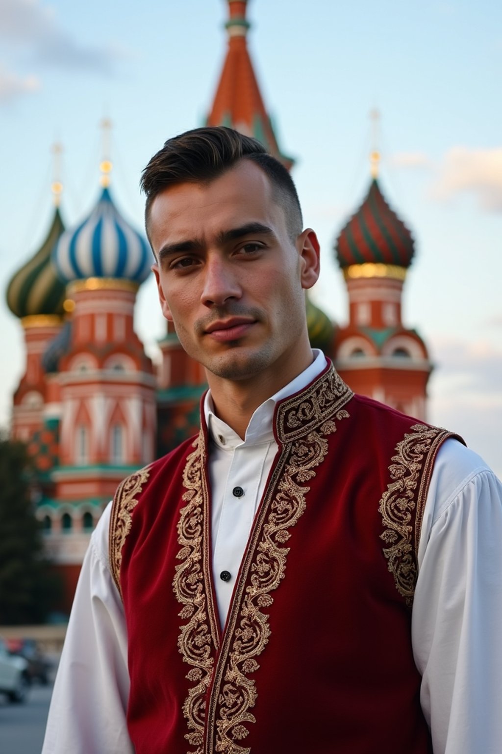 authentic and cultural man in Moscow wearing a traditional sarafan/kosovorotka, Saint Basil's Cathedral in the background