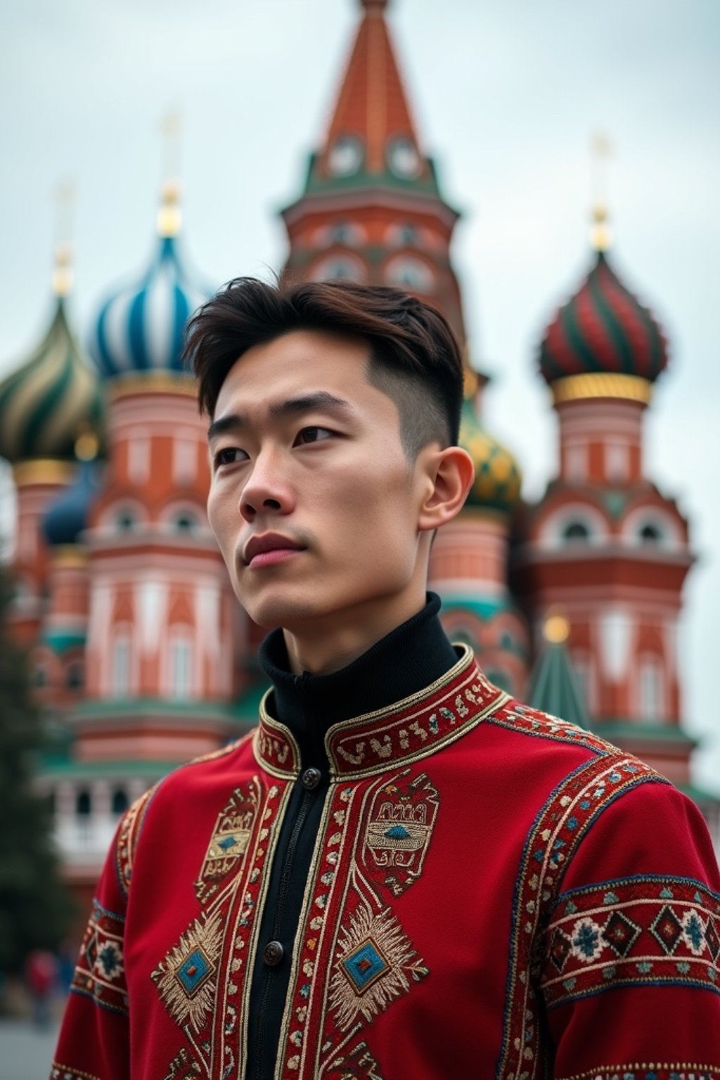 authentic and cultural man in Moscow wearing a traditional sarafan/kosovorotka, Saint Basil's Cathedral in the background