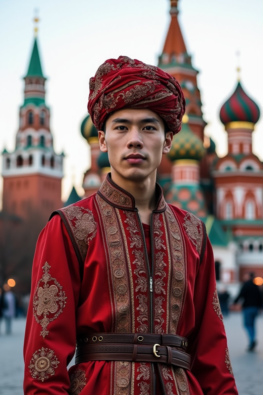 authentic and cultural man in Moscow wearing a traditional sarafan/kosovorotka, Saint Basil's Cathedral in the background