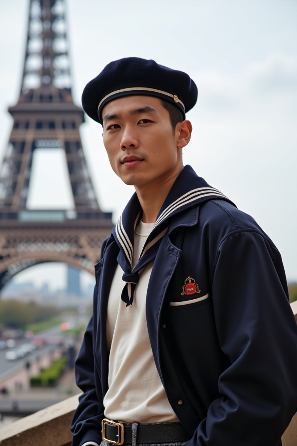 polished and traditional man in Paris wearing a traditional Breton shirt and beret, Eiffel Tower in the background