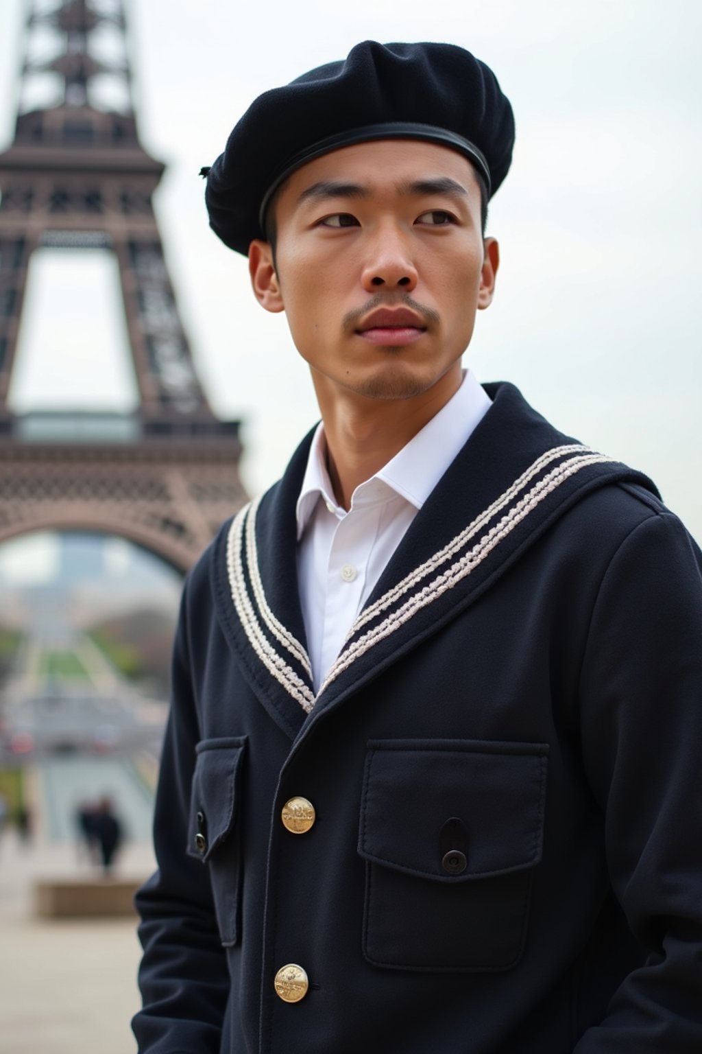 polished and traditional man in Paris wearing a traditional Breton shirt and beret, Eiffel Tower in the background