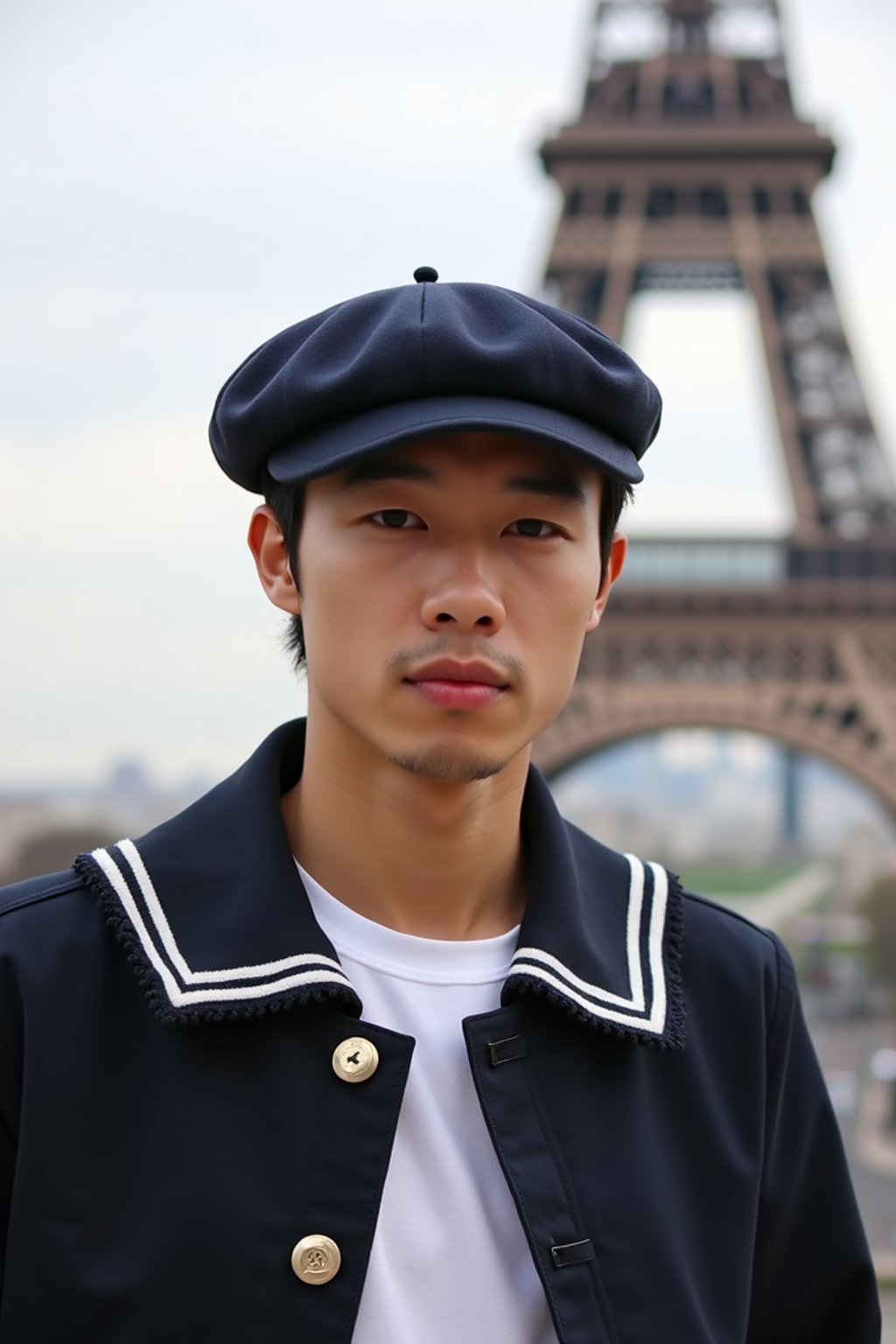 polished and traditional man in Paris wearing a traditional Breton shirt and beret, Eiffel Tower in the background