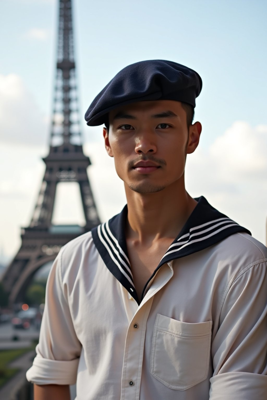 polished and traditional man in Paris wearing a traditional Breton shirt and beret, Eiffel Tower in the background