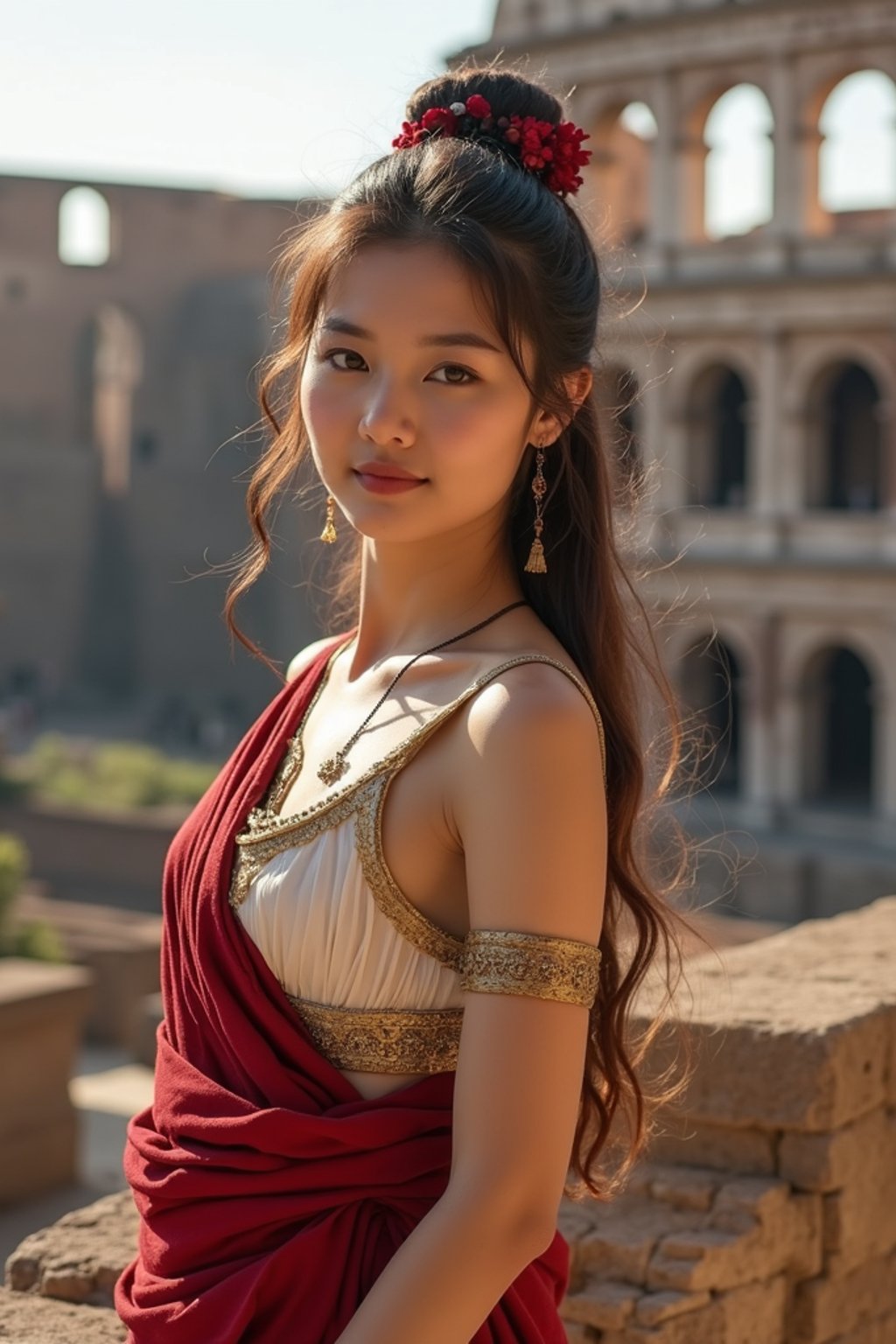 stunning and historical  woman in Rome wearing a traditional Roman stola/toga, Colosseum in the background