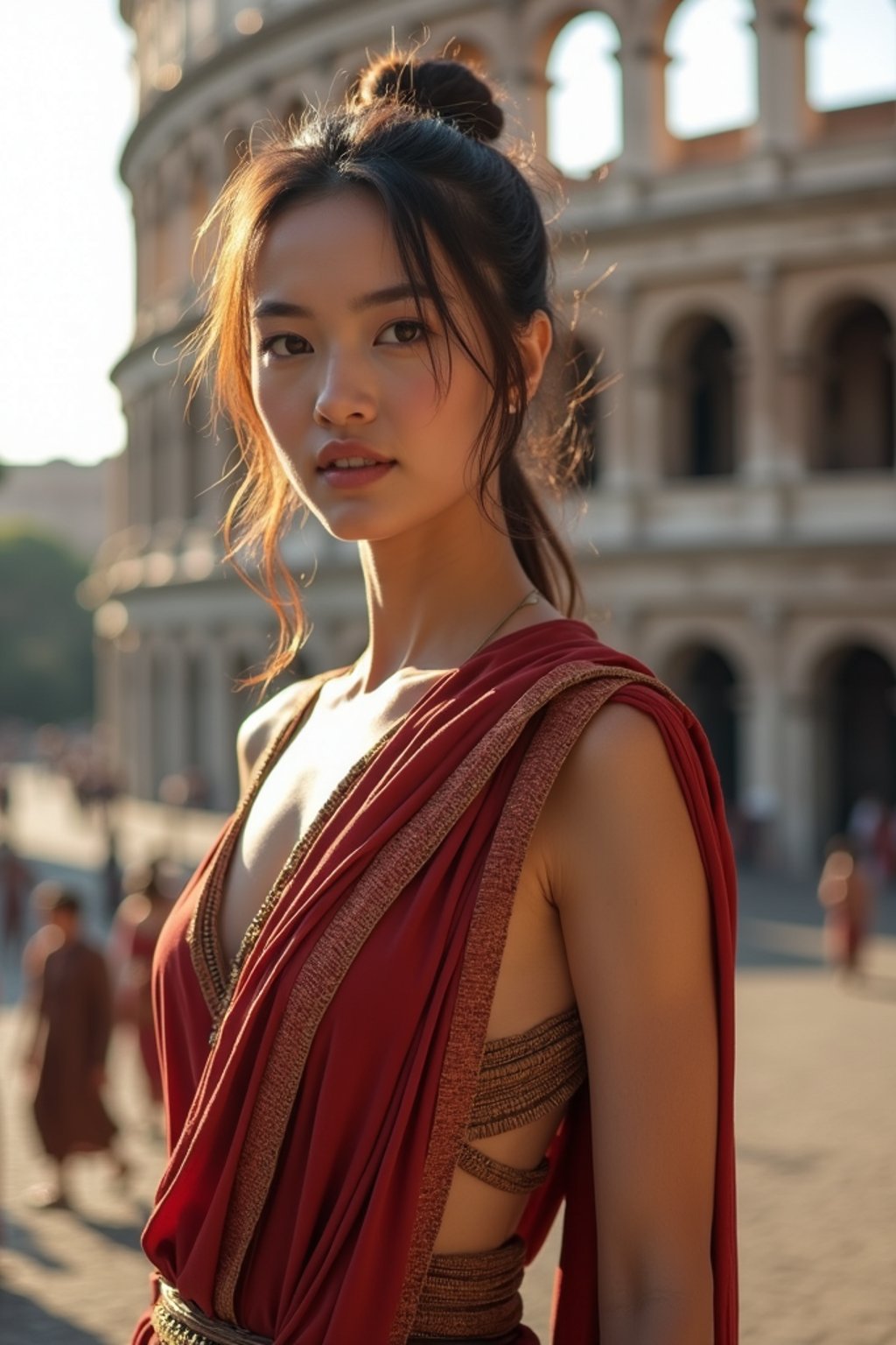 stunning and historical  woman in Rome wearing a traditional Roman stola/toga, Colosseum in the background