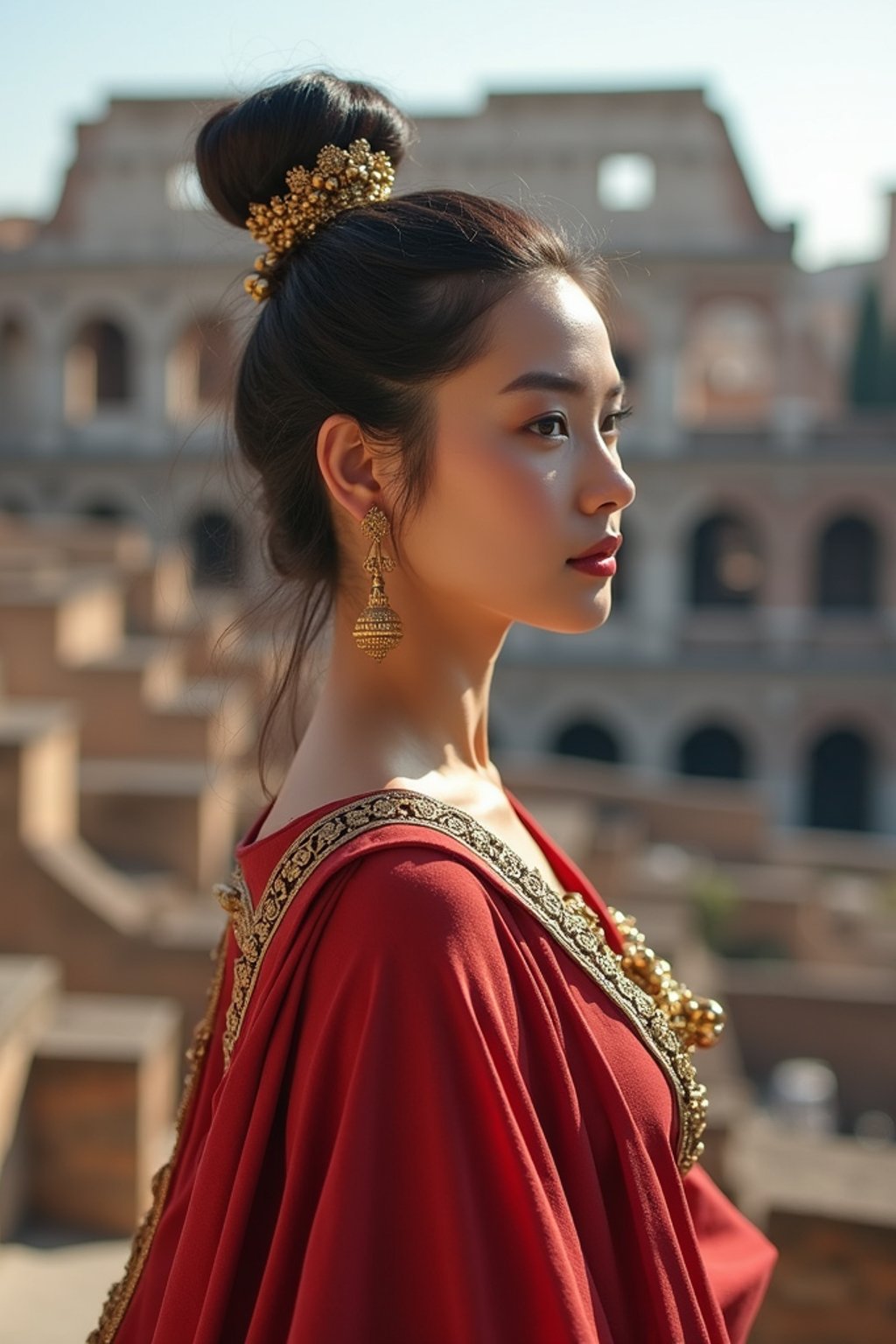 stunning and historical  woman in Rome wearing a traditional Roman stola/toga, Colosseum in the background