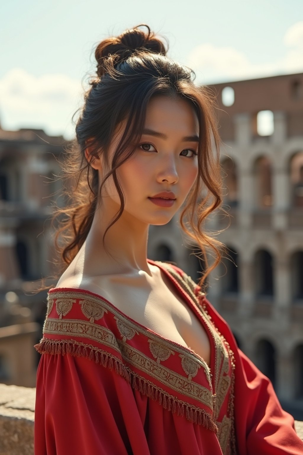 stunning and historical  woman in Rome wearing a traditional Roman stola/toga, Colosseum in the background