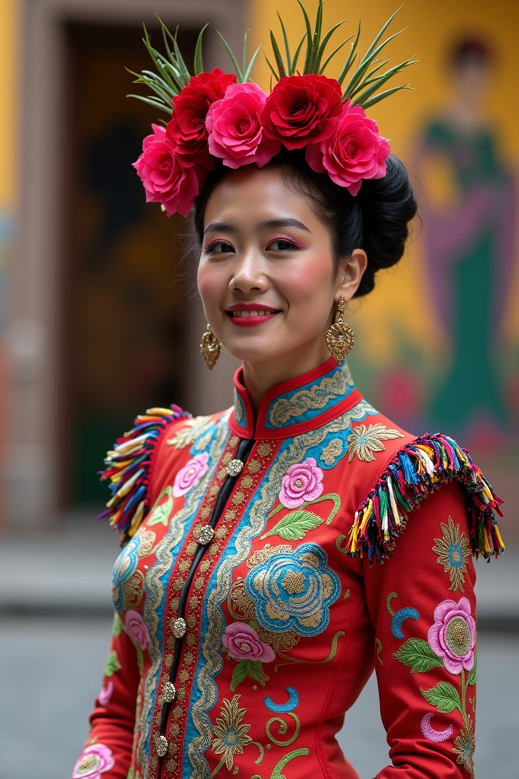 colorful and cultural  woman in Mexico City wearing a traditional charro suit/china poblana, Frida Kahlo Museum in the background