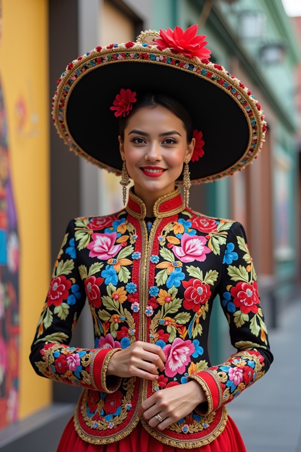 colorful and cultural  woman in Mexico City wearing a traditional charro suit/china poblana, Frida Kahlo Museum in the background