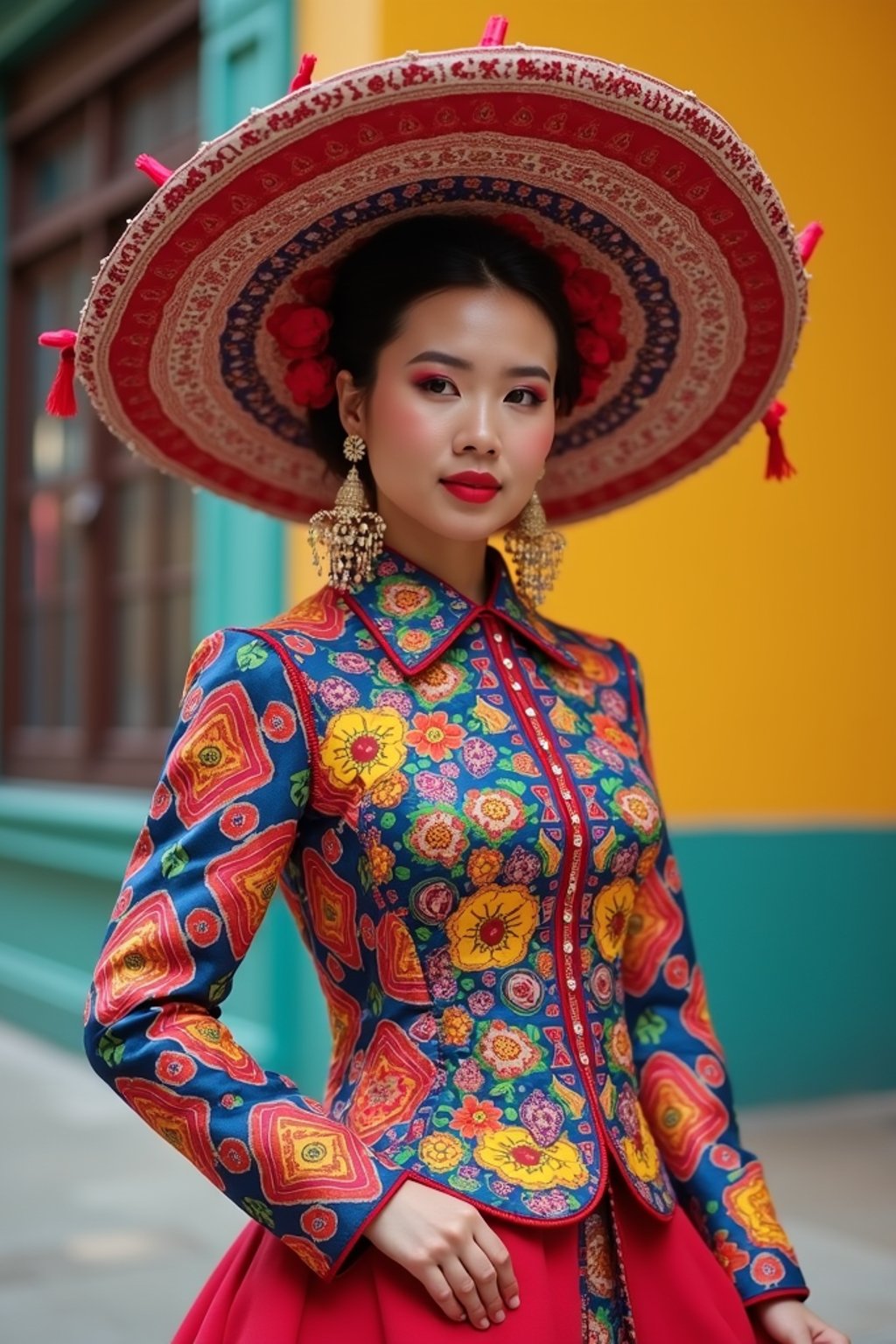 colorful and cultural  woman in Mexico City wearing a traditional charro suit/china poblana, Frida Kahlo Museum in the background