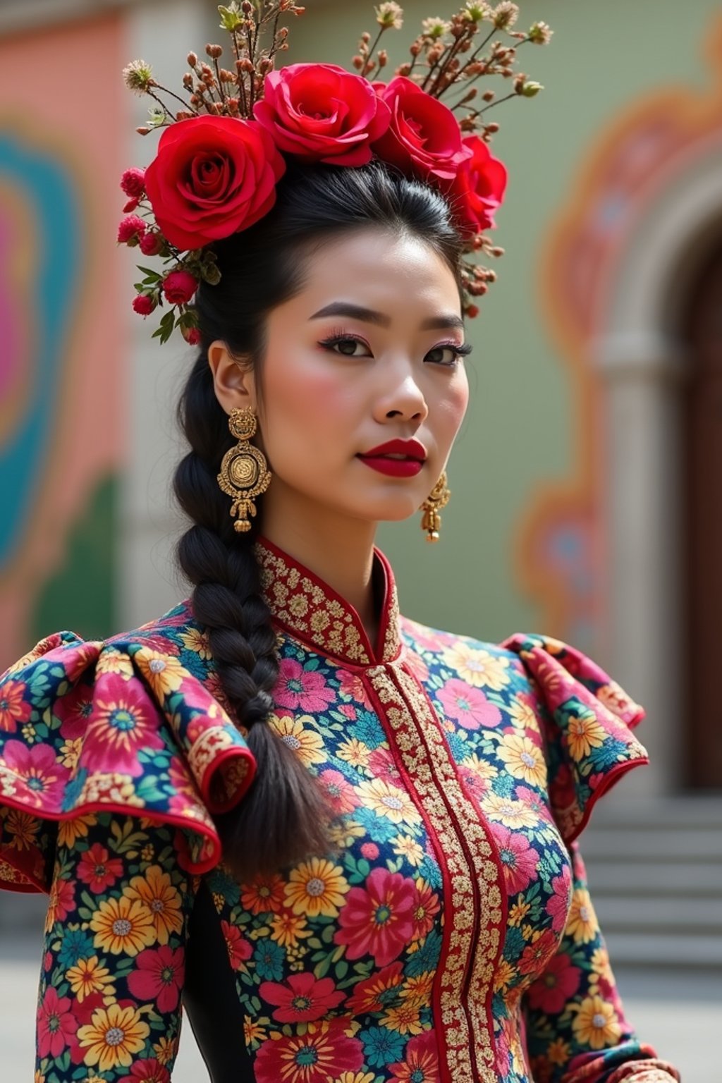 colorful and cultural  woman in Mexico City wearing a traditional charro suit/china poblana, Frida Kahlo Museum in the background