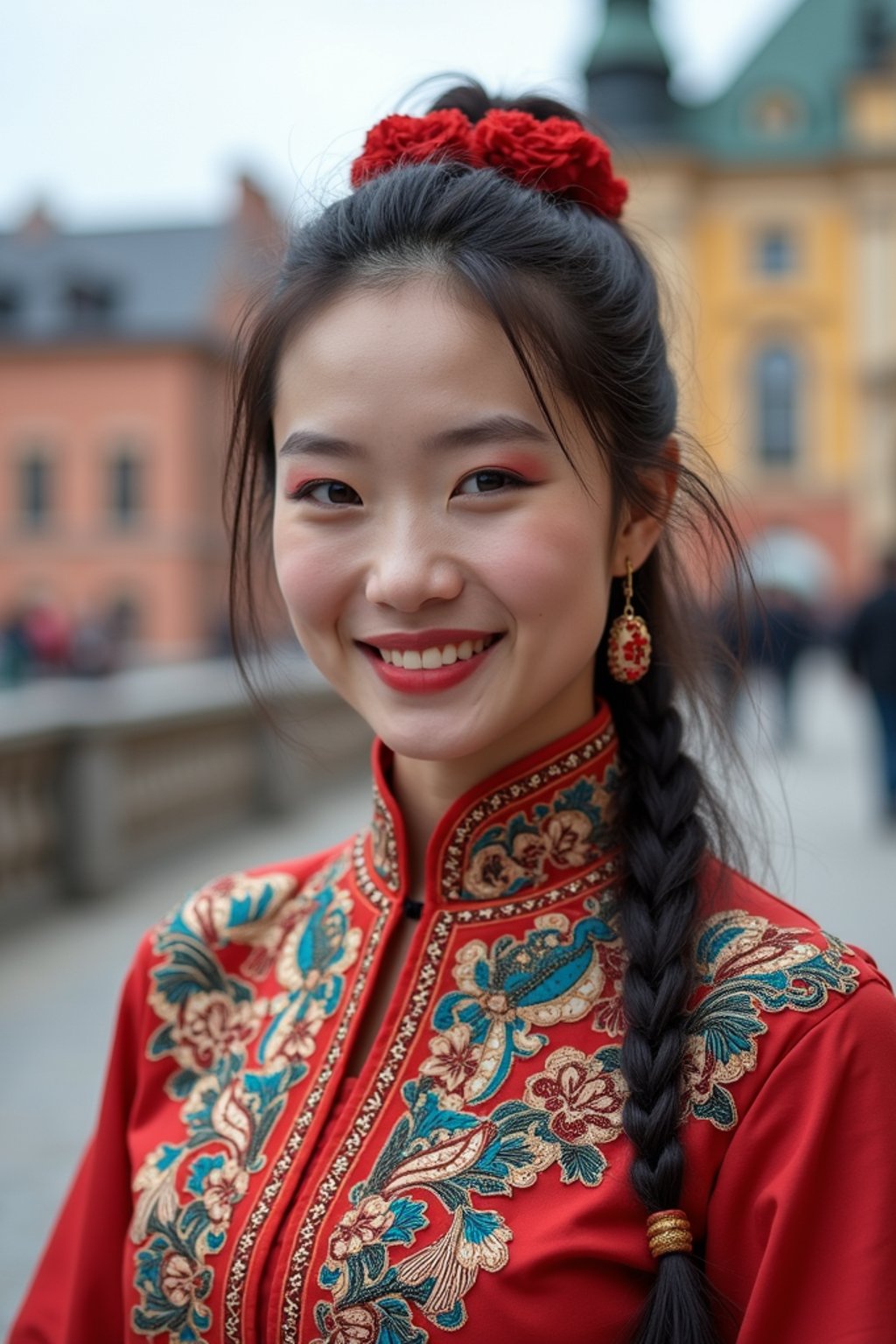 traditional  woman in Stockholm wearing a Swedish folkdräkt, Stockholm Palace in the background