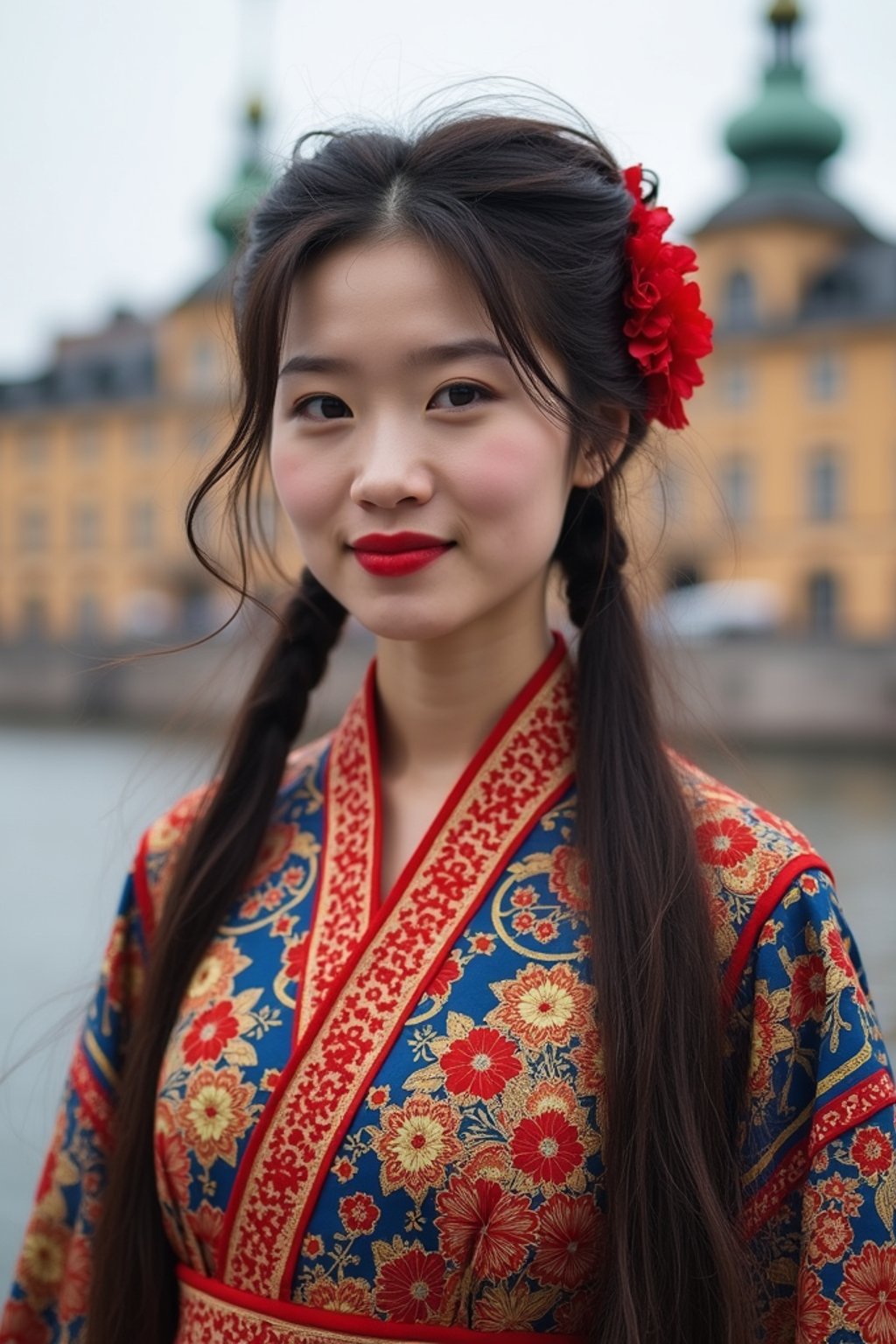 traditional  woman in Stockholm wearing a Swedish folkdräkt, Stockholm Palace in the background