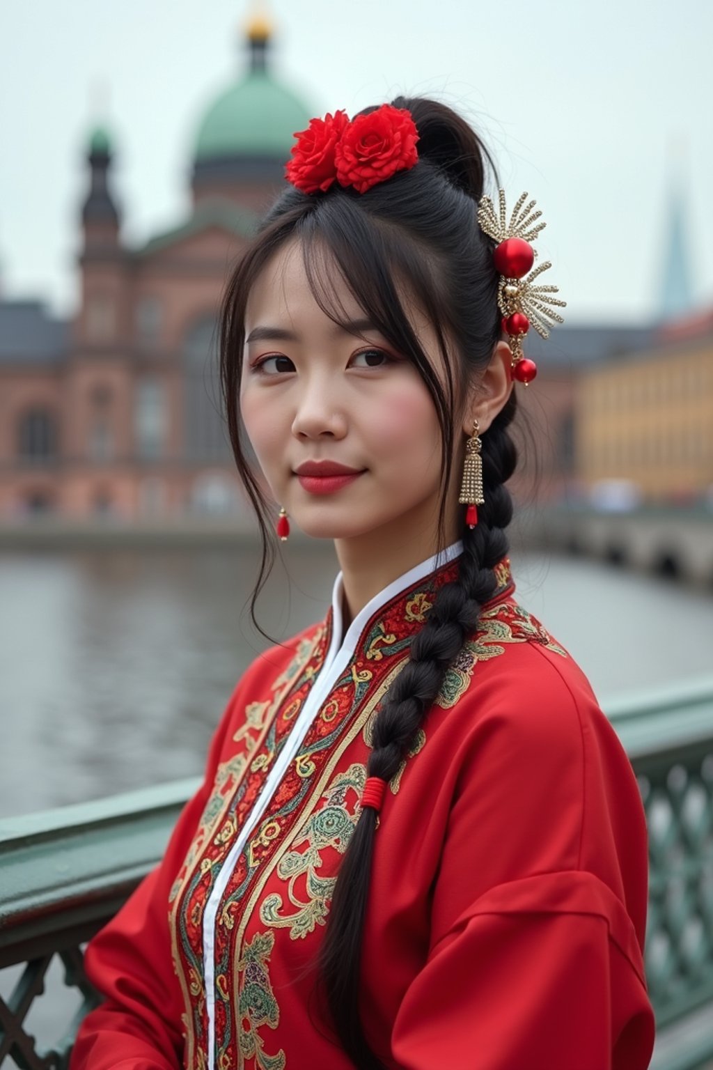 traditional  woman in Stockholm wearing a Swedish folkdräkt, Stockholm Palace in the background