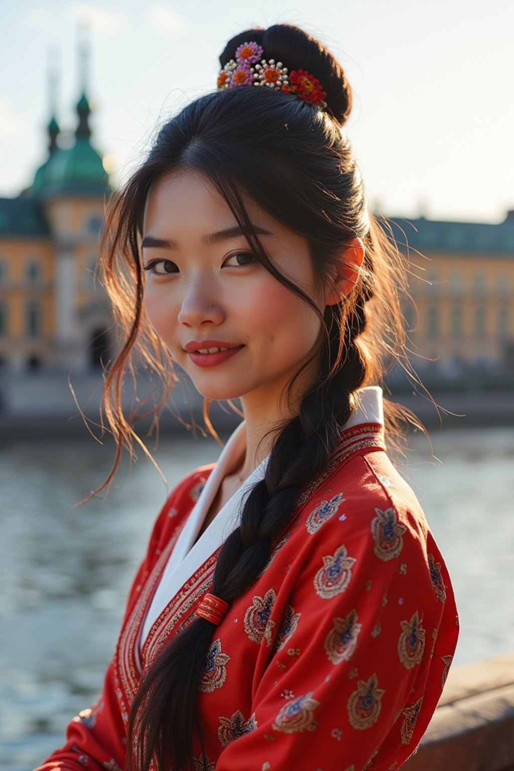 traditional  woman in Stockholm wearing a Swedish folkdräkt, Stockholm Palace in the background