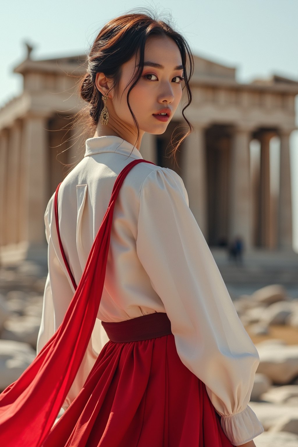 graceful and striking  woman in Athens wearing a traditional Evzone uniform/Amalia dress, Parthenon in the background