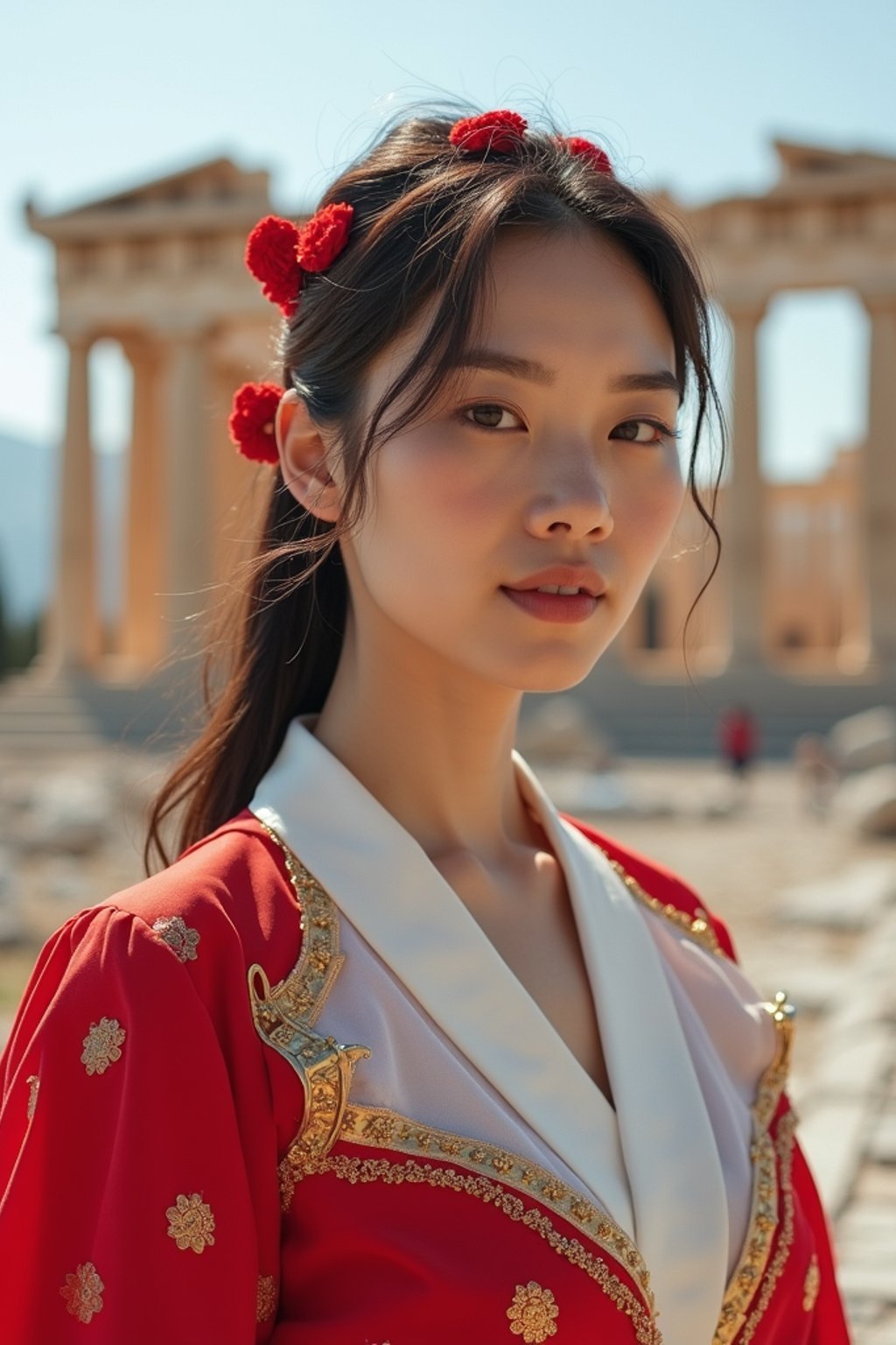 graceful and striking  woman in Athens wearing a traditional Evzone uniform/Amalia dress, Parthenon in the background