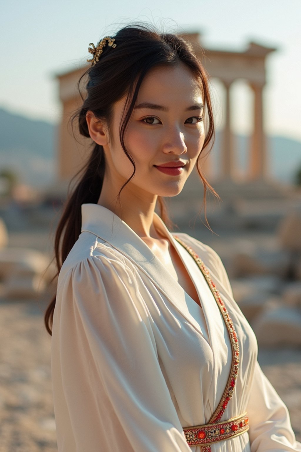 graceful and striking  woman in Athens wearing a traditional Evzone uniform/Amalia dress, Parthenon in the background