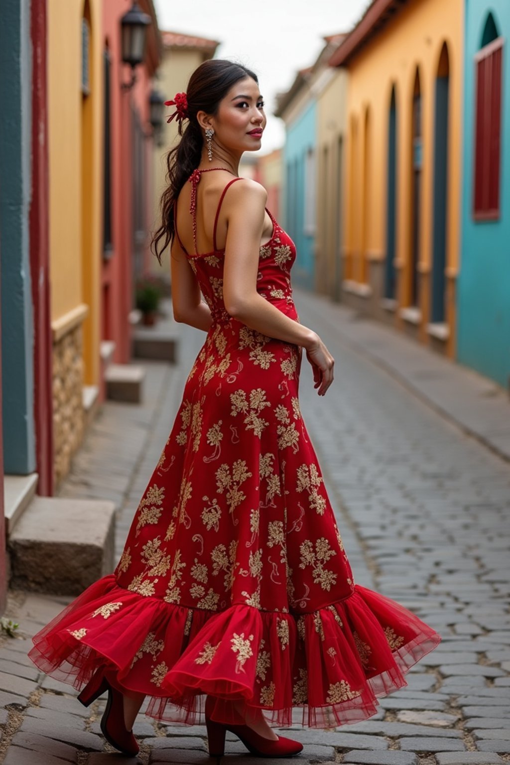 exquisite and traditional  woman in Buenos Aires wearing a tango dress/gaucho attire, colorful houses of La Boca neighborhood in the background