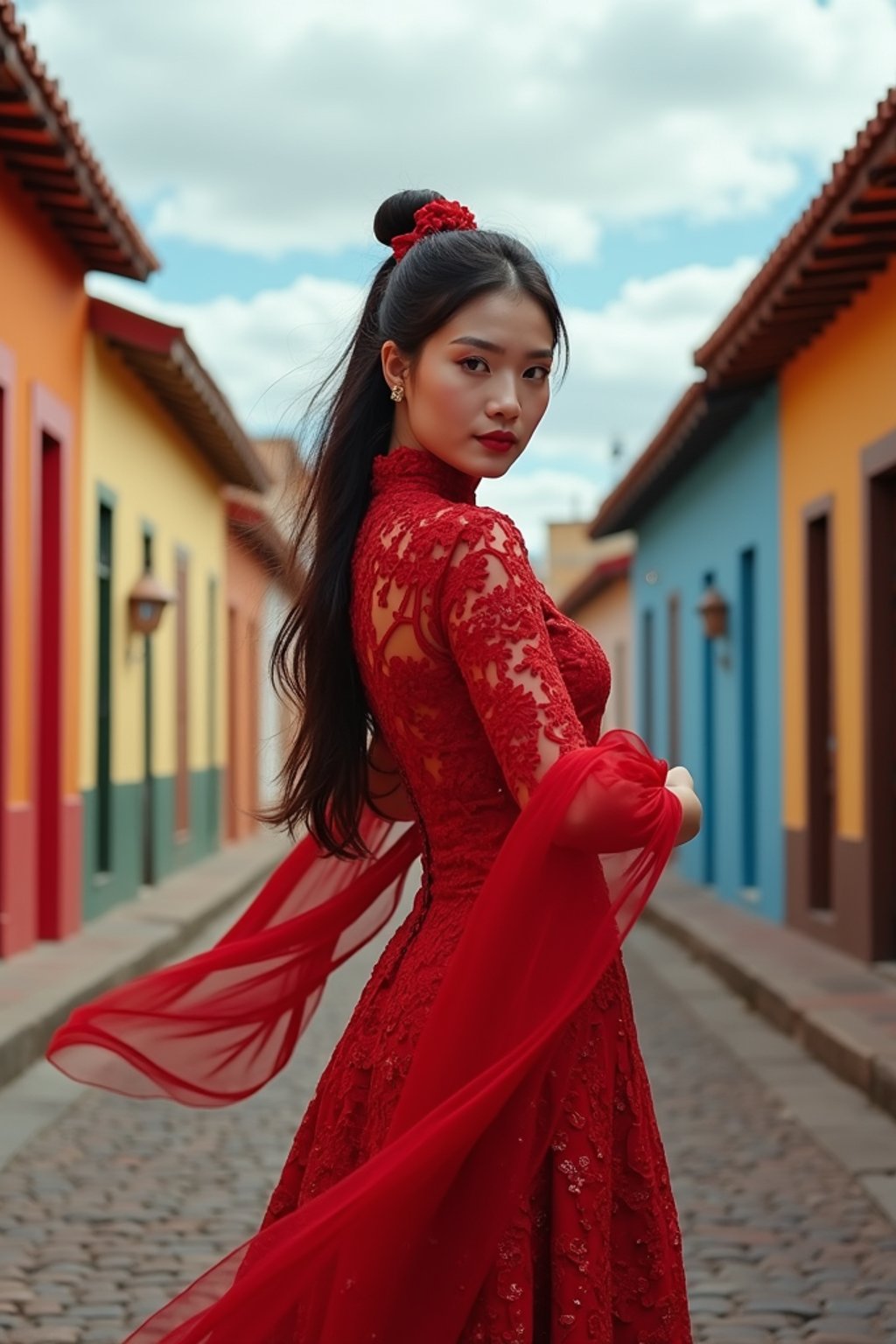 exquisite and traditional  woman in Buenos Aires wearing a tango dress/gaucho attire, colorful houses of La Boca neighborhood in the background