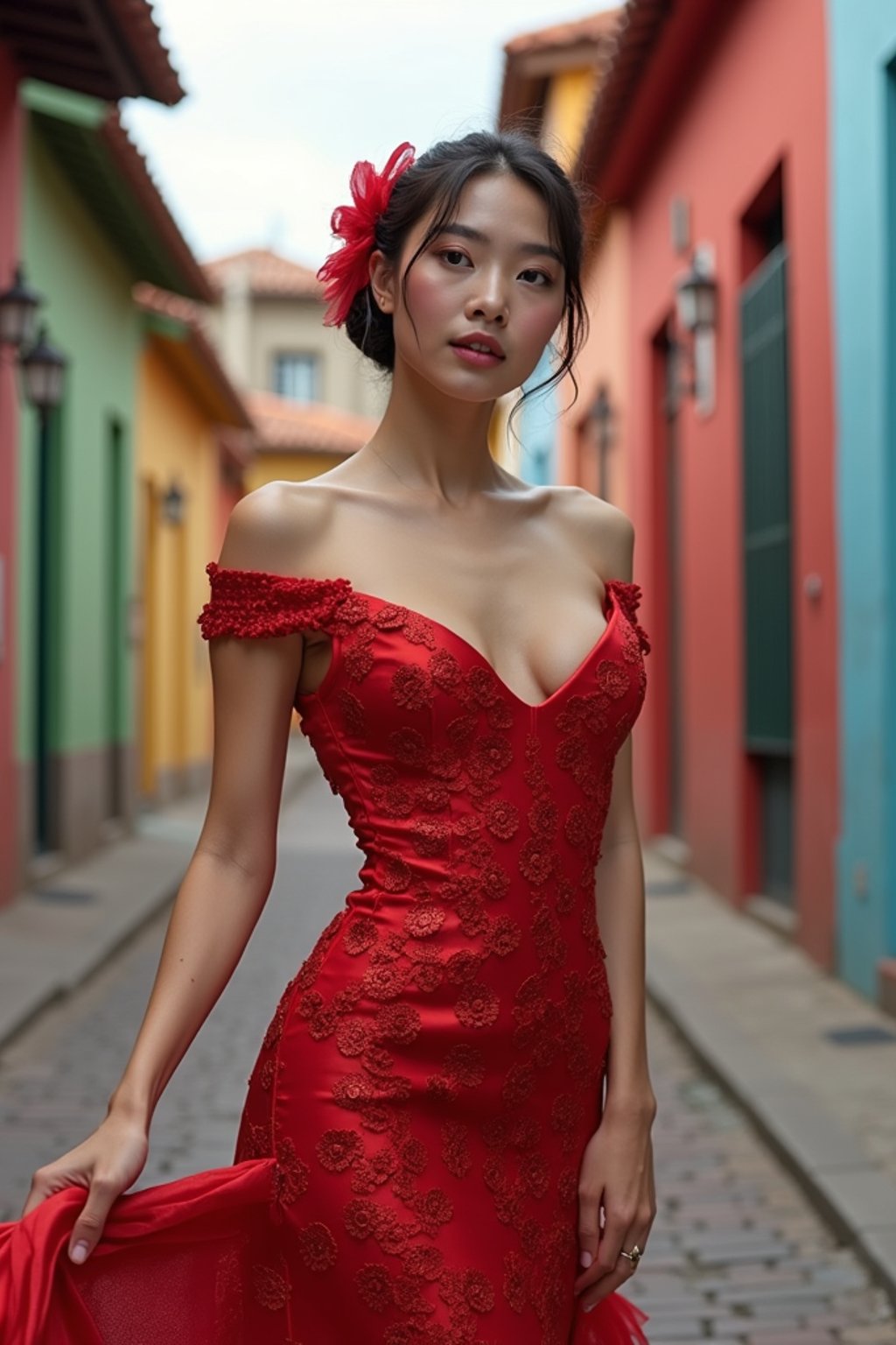 exquisite and traditional  woman in Buenos Aires wearing a tango dress/gaucho attire, colorful houses of La Boca neighborhood in the background